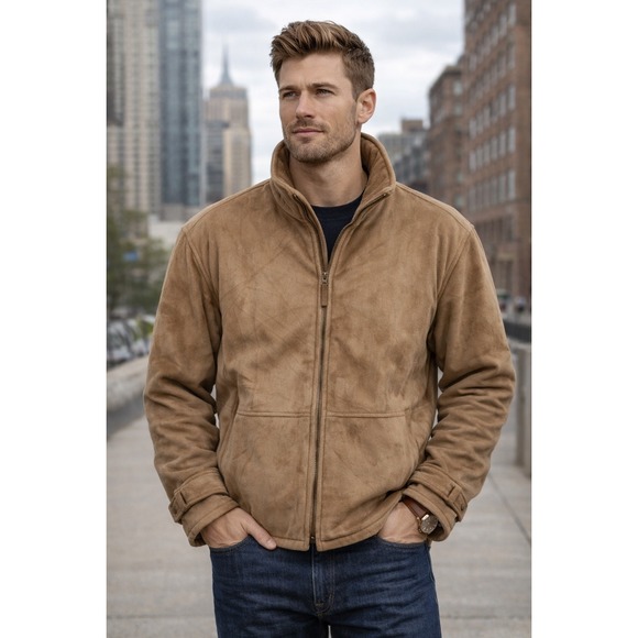 Trump Plaza Jacket Coat Men's Size M Brown Suede Leather Sherpa Lined